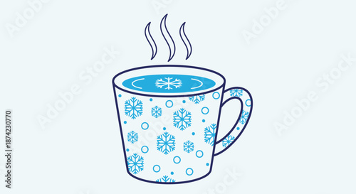 A steaming hot mug of blue hot chocolate with snowflake design on a plain background for winter or holiday themed designs and promotions with festive