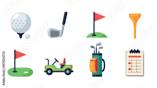 Golf equipment icons set featuring clubs, cart, flags, and more in modern cartoon style