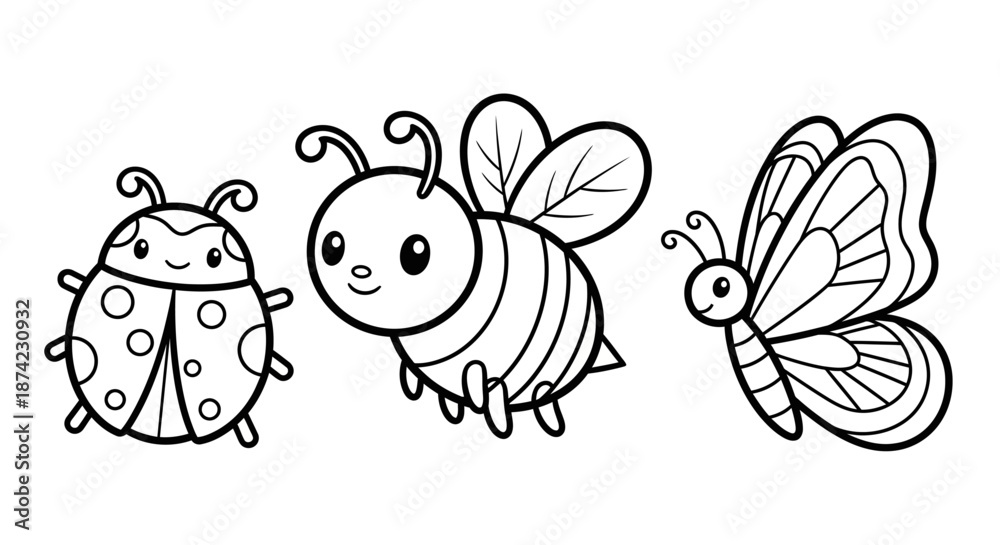 Obraz premium A black and white illustration of a ladybug a bee and a butterfly three cute insects with smiling faces in a simple line art style on a white background ideal