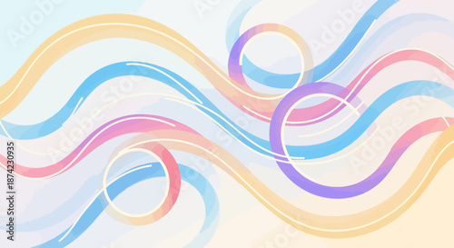 Vibrant colorful swirling ribbon waves in pastel shades of blue pink purple and yellow on a soft gradient background illustration graphic design element