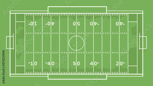 Top view of american football field with yard lines and goalposts on green background