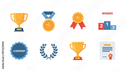 Award icons set featuring trophies, medals, ribbons, and winner badges in flat design