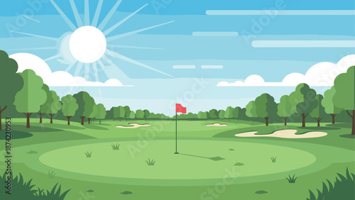 Sunny day on a golf course with flag in green landscape