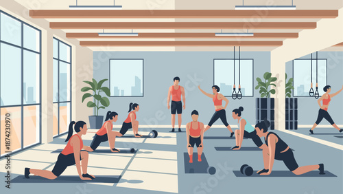 Group workout class in modern gym with diverse exercises and equipment
