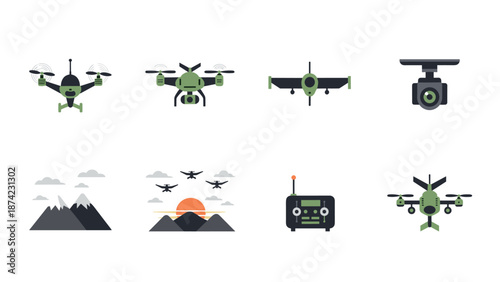 Modern drone and mountain landscape icons with flat design style