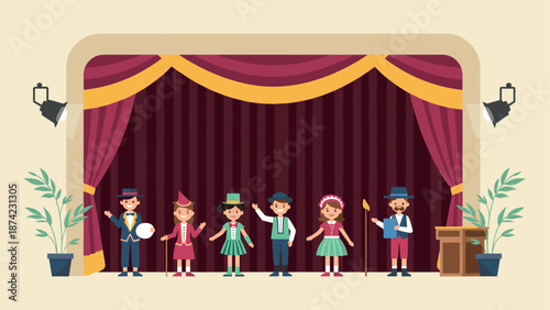 Children's theater performance on stage with colorful costumes and props