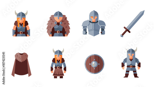 Medieval warrior icons set featuring viking characters and weapons in flat design