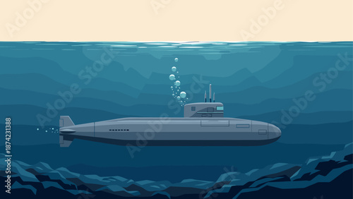 Underwater adventure: submarine navigating deep ocean waters in flat design