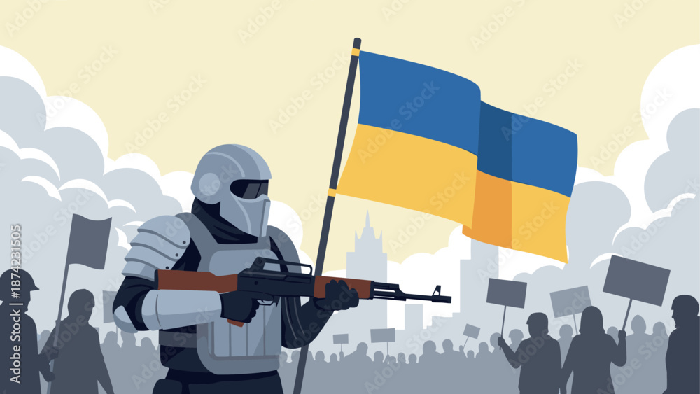 Fototapeta premium Soldier in body armor holding ukrainian flag amidst protest silhouette