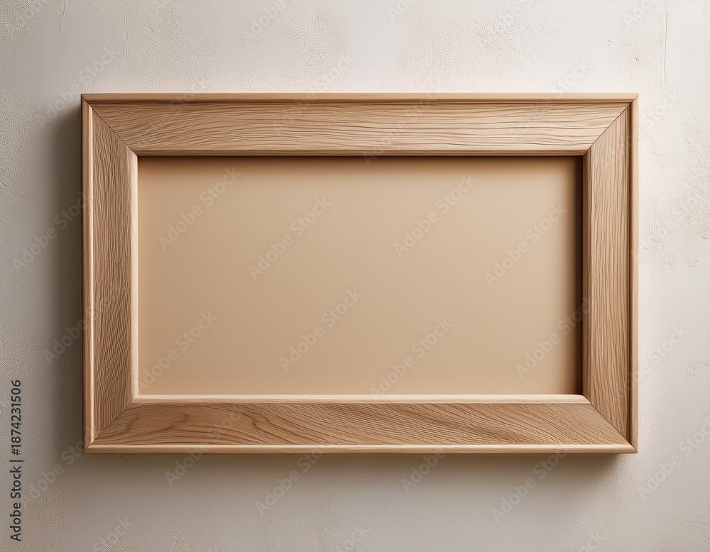 Fototapeta premium a rectangular wooden frame with a beige interior hangs on a rough off white wall