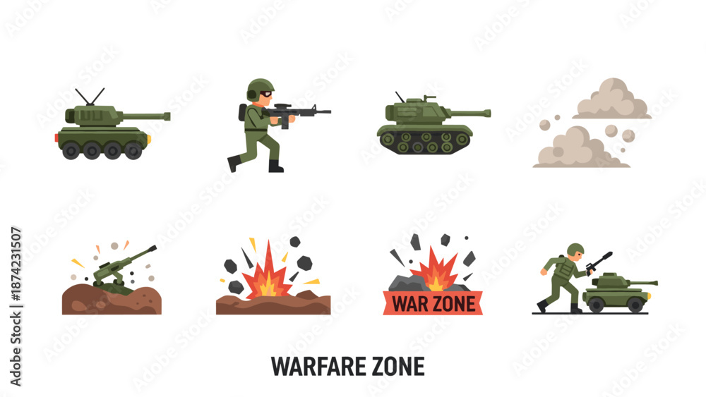 Fototapeta premium Military combat elements: soldier, tank, explosion, war zone icons