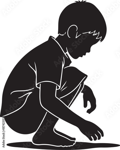Black silhouette of a child crouching down quietly alone