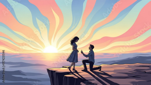 Man Proposing to Woman on Cliff during Sunset