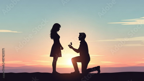 Man Proposing to Woman on One Knee at Sunset Silhouette