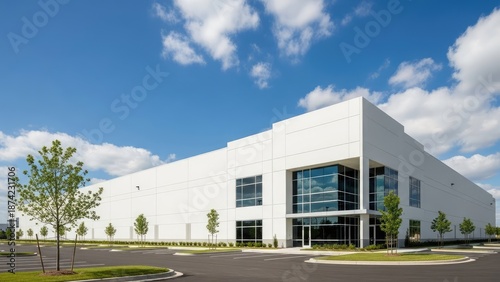 Modern White Industrial Warehouse Building with Glass Entrance and Blue Sky.