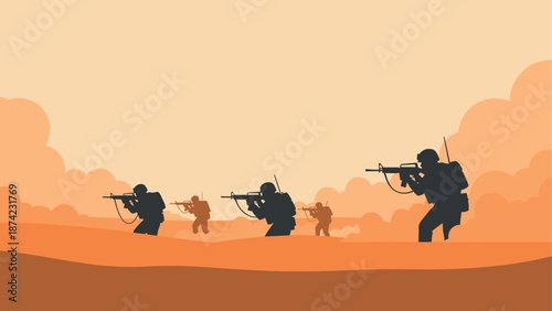 Silhouette of soldiers advancing in desert landscape at sunset