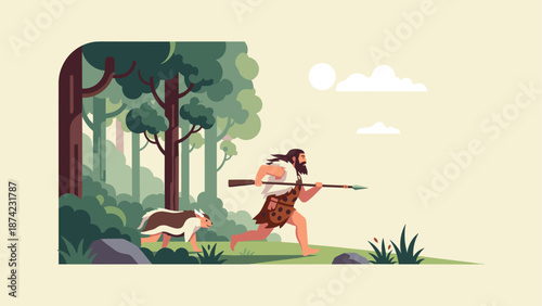 Prehistoric hunter and dog running through forest wilderness scene