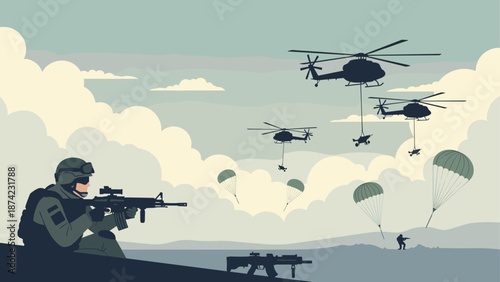Military operation scene with helicopters and paratroopers in silhouette style