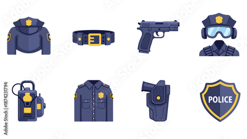 Police gear icons set: clothing, equipment, and weaponry in flat style