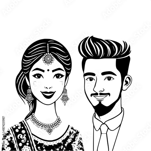 Indian couple wedding logo-style illustration featuring a beautiful bride with intricate earrings and a sleek hair bun, paired with a groom having a trendy modern hairstyle, both designed with clean l