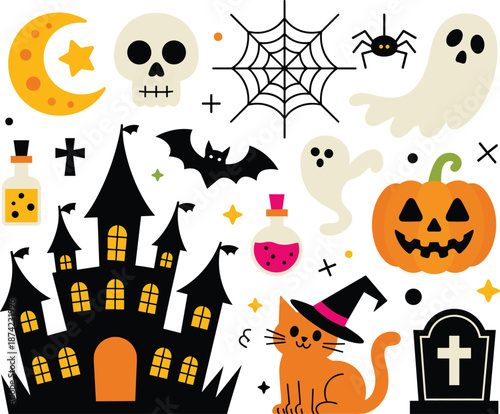 Halloween graveyard scene with tombstones, zombie hands, bats, witch hat, and black cat, spooky cemetery silhouette illustration design