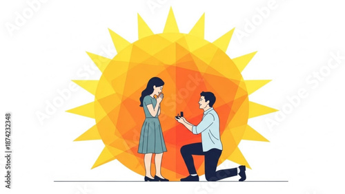 Man Proposing to Woman Kneeling on One Knee with Ring Box in Front of Yellow Sunburst