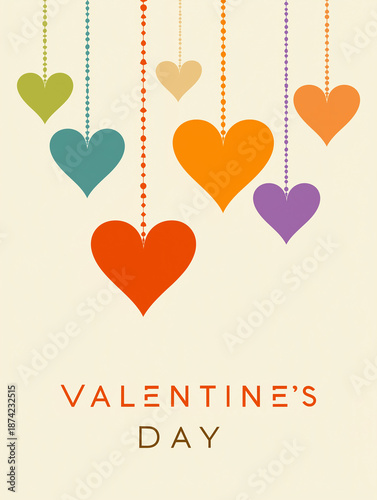 Valentine's Day Hearts: A vibrant collection of colorful hearts elegantly suspended against a simple backdrop, with the words Valentine's Day adorning the bottom.