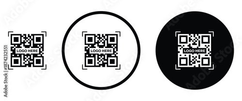 Three minimalist black and white QR code icons arranged horizontally on a transparent background. Left: standard square QR pattern. Center: QR inside thin white circle on black. Right: QR inside thick