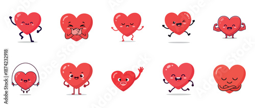Cute cartoon hearts displaying various emotions and activities in vector art