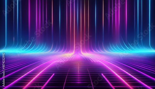 empty futuristic abstract background with ultraviolet geometric lines waves neon glow