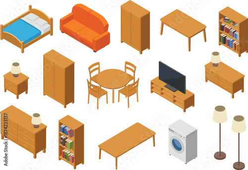 Isometric 3D wooden furniture set with bed sofa table wardrobe bookshelf dining living room interior objects isolated white background vector