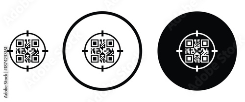 Three minimalist black and white QR code icons arranged horizontally on a transparent background. Left: standard square QR pattern. Center: QR inside thin white circle on black. Right: QR inside thick