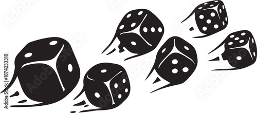 Black and white illustration of rolling dice in motion