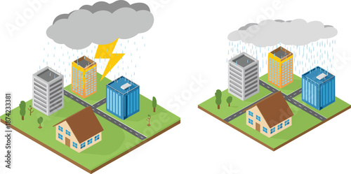 Isometric 3D city illustration with modern urban buildings under heavy rain and thunderstorm clouds showing bad weather climate concept