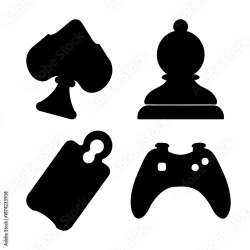 A collection of diverse silhouette icons representing gaming, card suits, chess, and retail