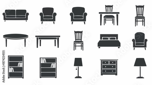 Collection of Furniture Silhouettes Isolated on White Background.