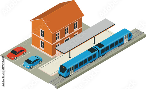 Isometric train station illustration with modern passenger train platform building cars railway transportation public transit urban infrastructure travel