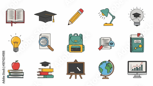 Collection of educational icons representing learning and school supplies.