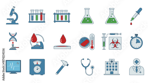 Medical Laboratory Equipment and Healthcare Icons.