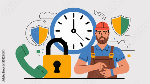 worker with clock and lock symbols vector illustration, emergency service, security, and support