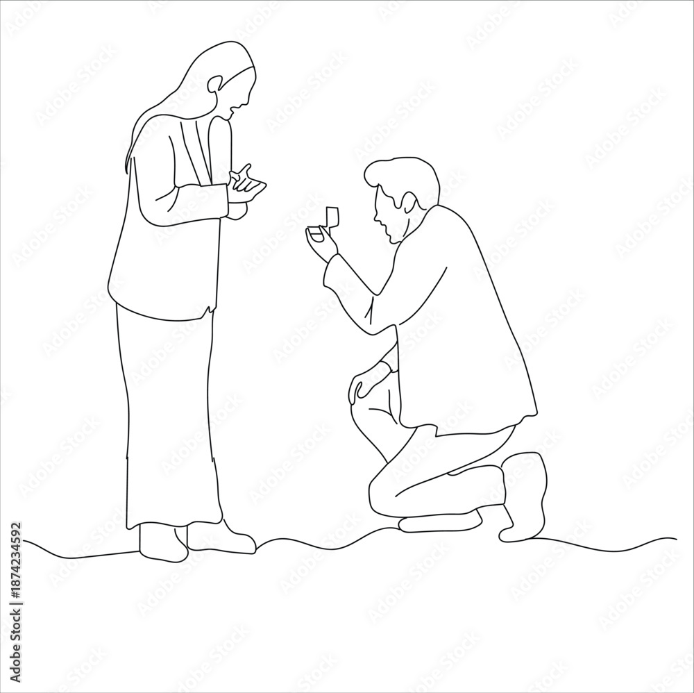 Obraz premium a man proposes to a woman. Wedding proposal continuous line art 