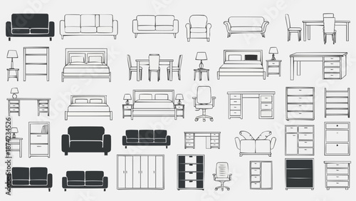 Collection of Furniture Icons and Silhouettes for Interior Design.