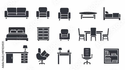 Collection of Furniture Icons in Silhouette Style.