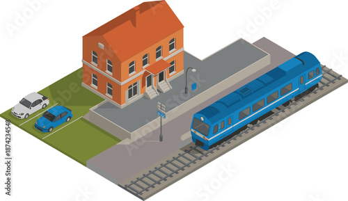 Isometric train station illustration with modern passenger train platform building cars railway transportation public transit urban infrastructure travel