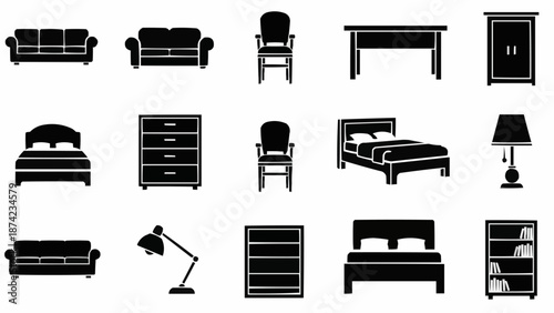 Collection of Furniture Icons in Silhouette Style.