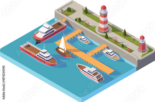 Isometric 3d illustration of harbor with boats, yachts, ships, pier, and lighthouse surrounded by calm blue water and greenery