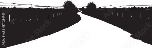 Black and white road with fence and trees ahead