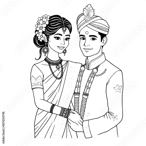 Traditional Indian wedding couple outline drawing, bride wearing intricately draped saree with delicate floral hair accessories and ornate jewelry, groom in elaborately embroidered sherwani with intri