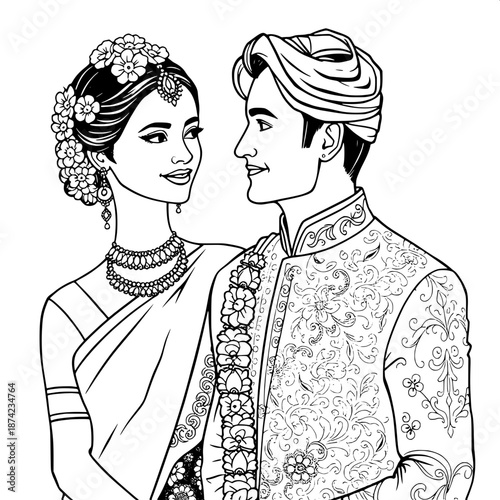 Traditional Indian wedding couple outline drawing, bride wearing intricately draped saree with delicate floral hair accessories and ornate jewelry, groom in elaborately embroidered sherwani with intri