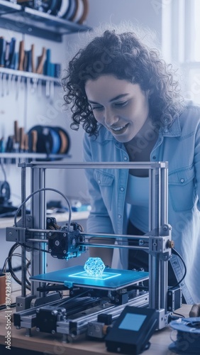 Young woman maker observing desktop 3d printer building small object in bright workshop, learning tech, 3d printing, advanced manufacturing
